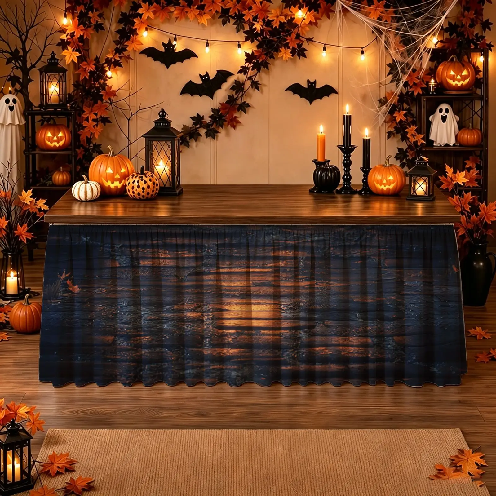 Halloween, Christmas, party tablecloth, horror table skirt, 1-piece set, dark wood grain pattern print