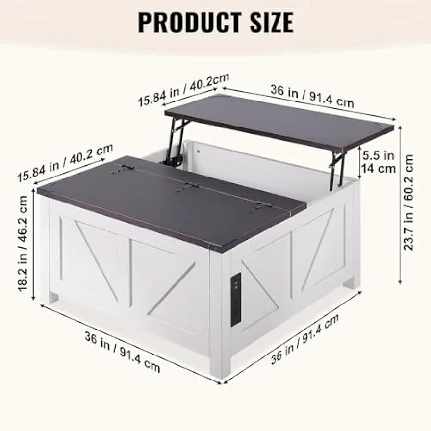 36" Farmhouse Coffee Table, Hinged Lift Top Square Coffee Table with Built-in Power Strip, Wooden Rustic Cocktail Table