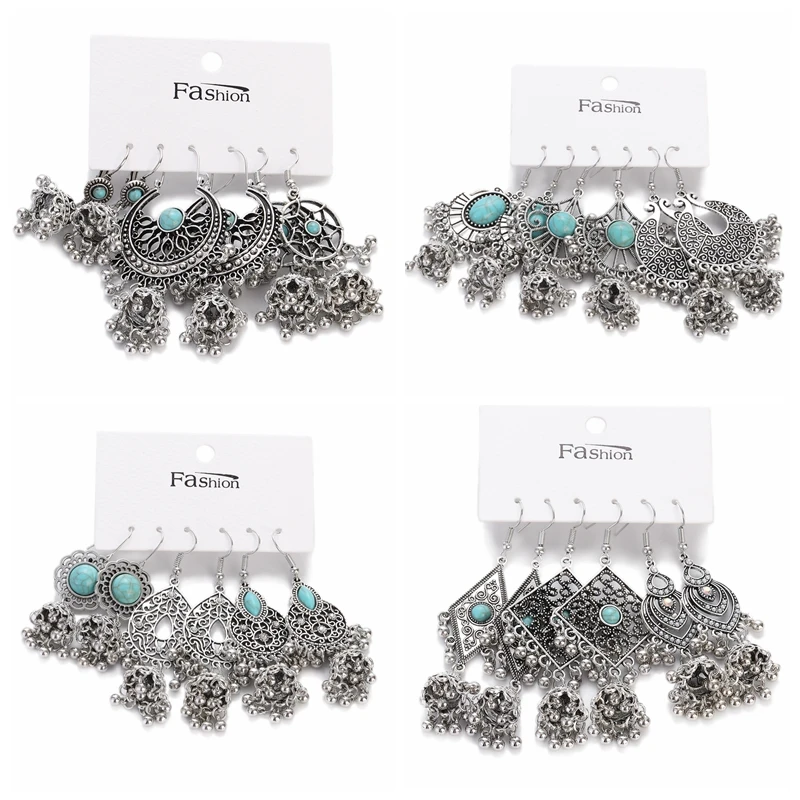 Juego de pendientes bohemios de Color plateado para mujer y niña, aretes colgantes geométricos de piedra azul Vintage, joyería Brincos de moda 2023