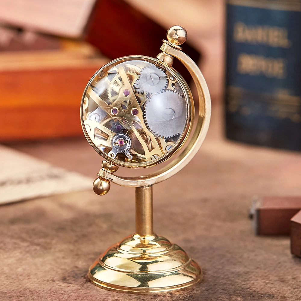 Montre de Poche Mécanique à Globe Tournant pour Homme, Horloge de Bureau Vintage en Or, Cadeau Créatif, Table en Cuivre, FOB Rétro