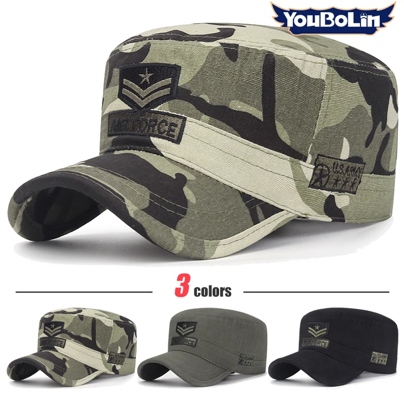 Cotton Camo Flat-Top Military Cap with Embroidery(for Military Cadets&Enthusiasts),Sun-Shading&UV-Protective Peaked Caps,Dad Hat