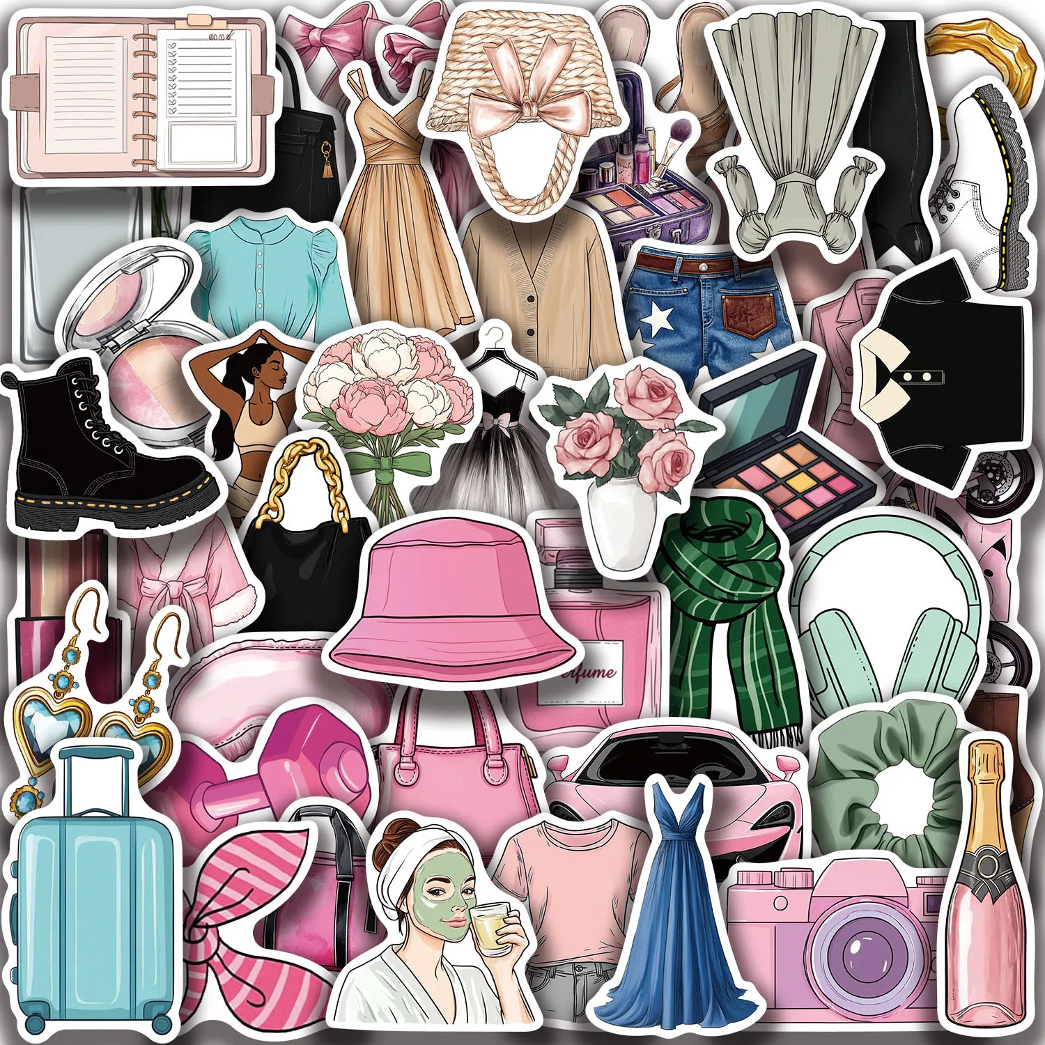 50-100PCS Feminine Aesthetic Stickers Makeup & Outfit Graffiti Waterproof Vinyl Decals for DIY Phone Laptop Luggage Decoration