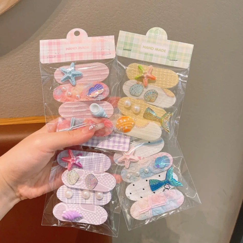 New Toddler Girls Korean Mermaid Starfish Hairpin Children Short Velcro Girls Cartoon Broken Hair Finishing Hair Bright ZX07
