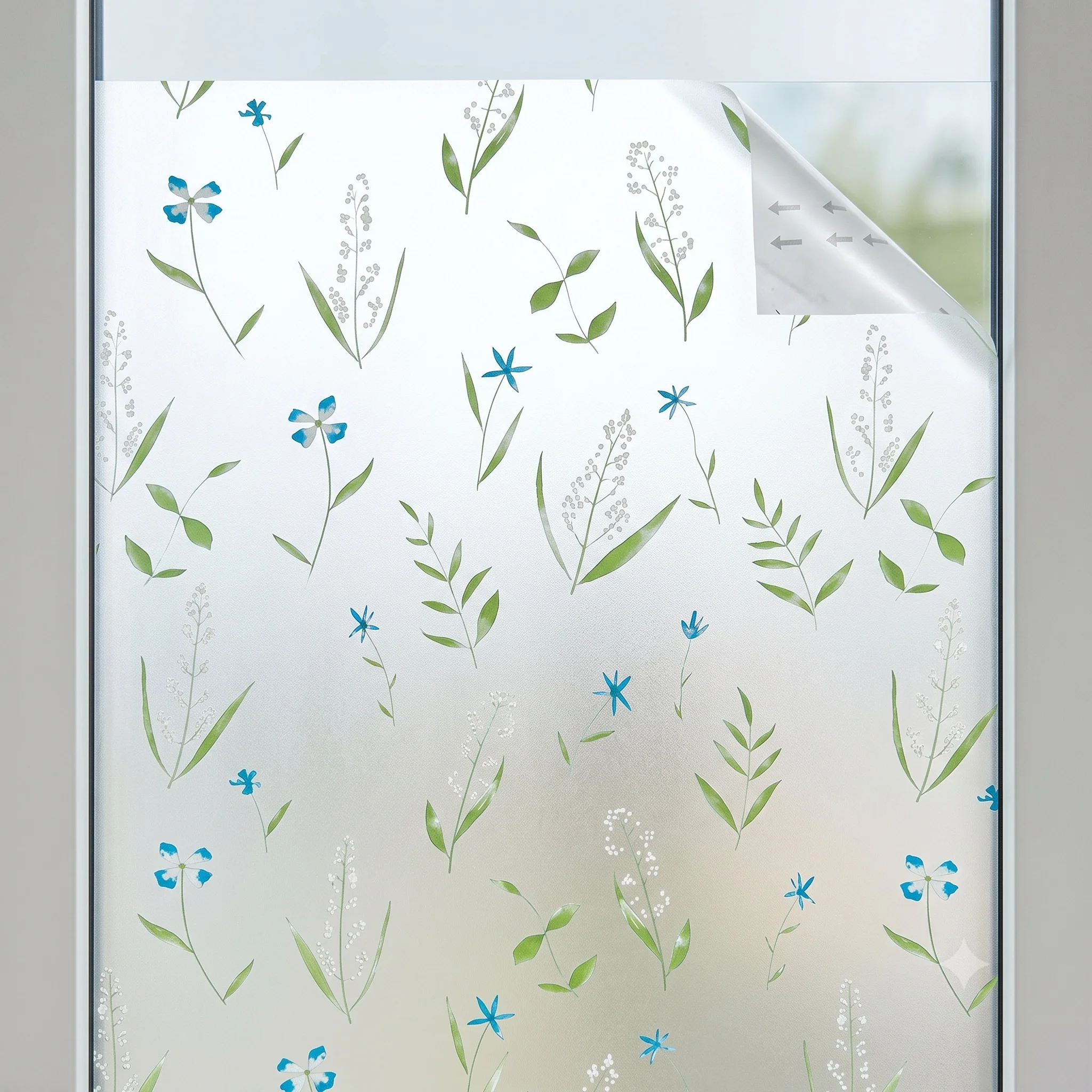 Blue Wildflower Self-Adhesive Window Film Botanical Floral Privacy Glass Sticker Waterproof Anti-UV Decor for Bathroom