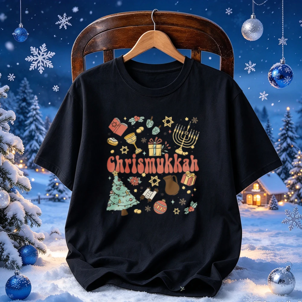 Chrismukkah Christmas Hanukkah Mixed Holiday Menorah Christmas Tree Gift Graphic Print Tees Retro Jewish Xmas Holiday T-Shirt