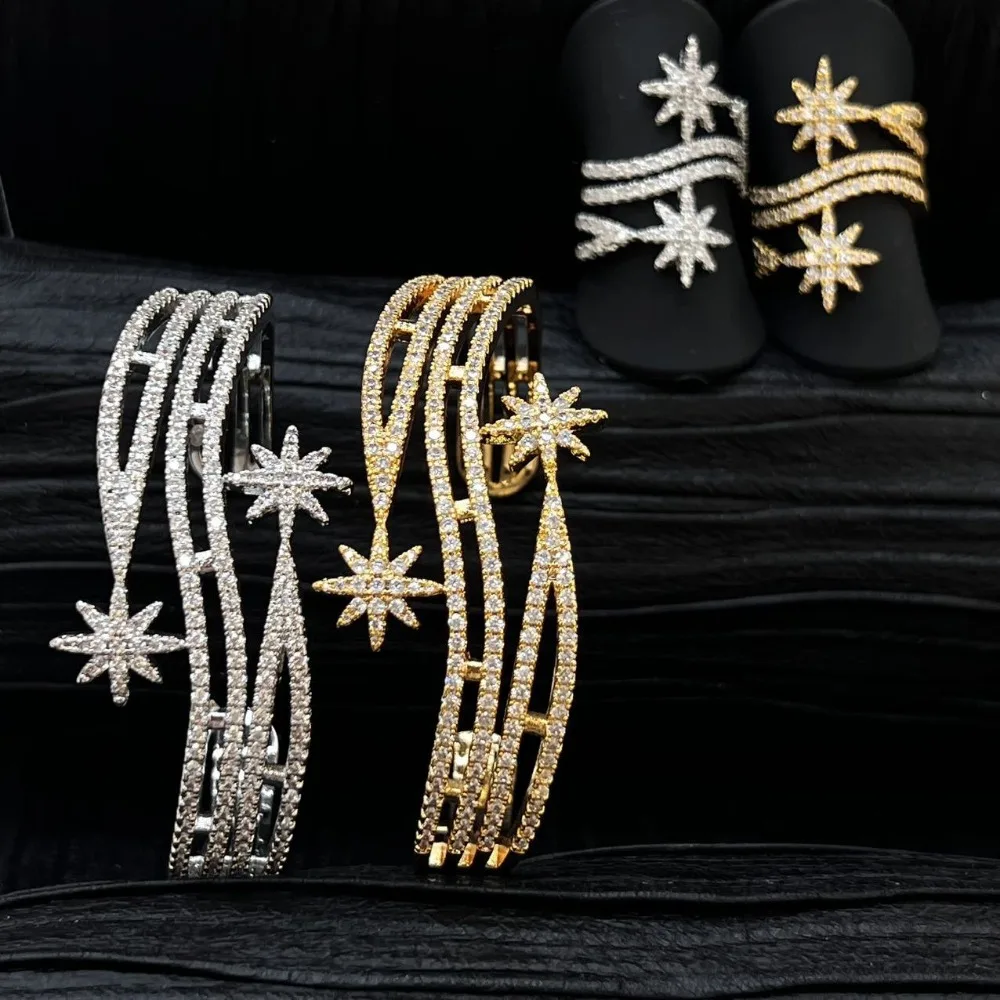 2Pc Luxury High-End Fashion Ladies Eight-Pointed Star Open Ring Bracelet Set Simple Ins Series Jewelry Accessories for Women