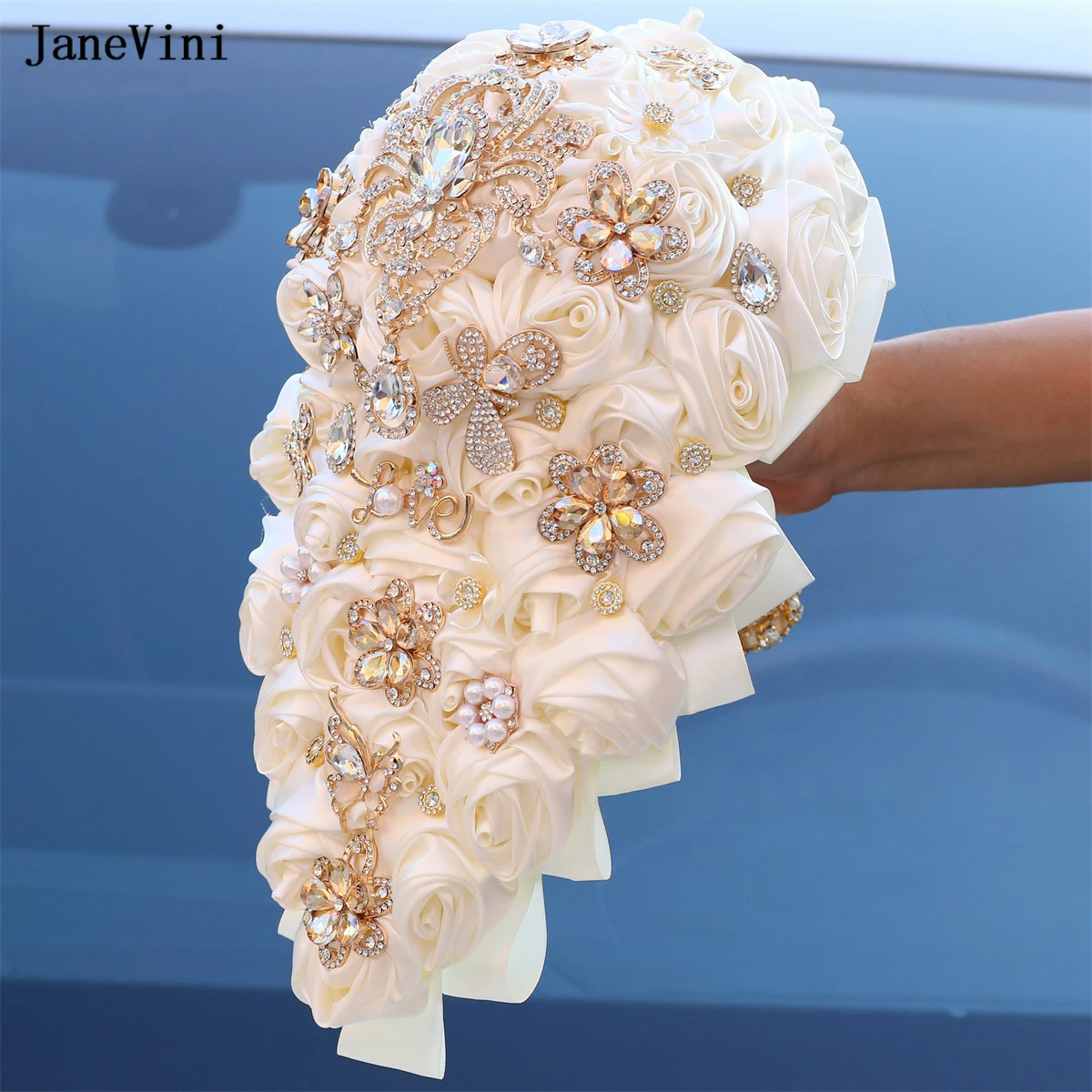 JaneVini Luxury Gold Crystal Ivory Cascading Flowers Waterfall Bridal Bouquets Artificial Satin Rose Bouquet Wedding Accessories