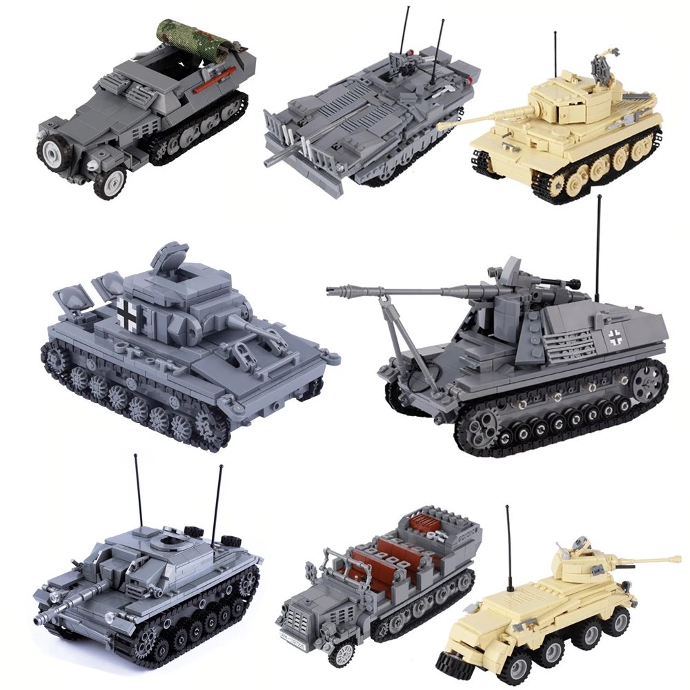 

MOC Вторая мировая война, военная серия, строительные блоки танков, немецкий бронеавтомобиль, модель танка тигра, детские кирпичные игрушки «сделай сам» для мальчиков
