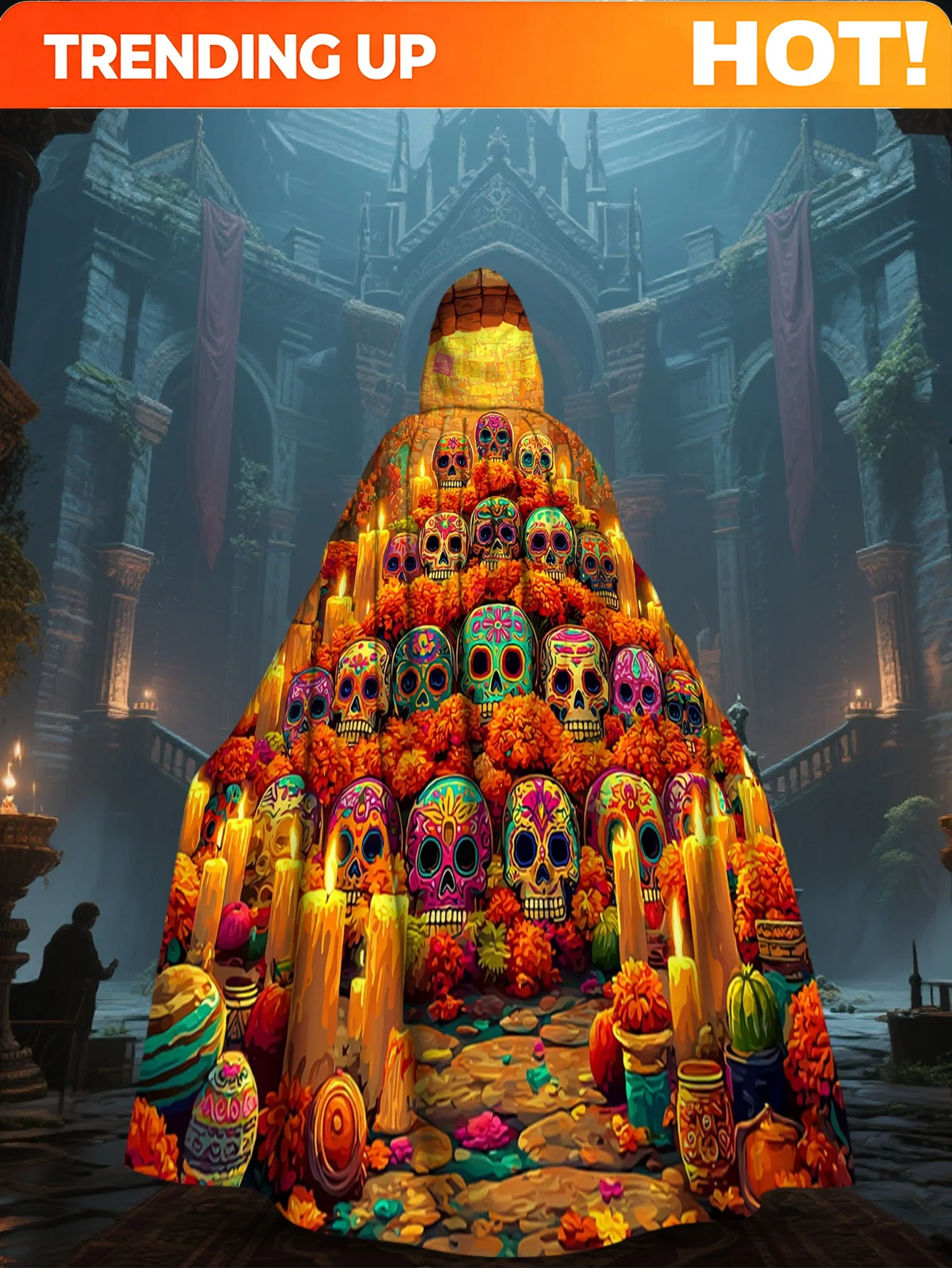Customization 1pc Medieval Hooded Cape With Skull & Candle Day Of The Dead Costume - Full-Length Hooded Cloak For Renaissance Fa