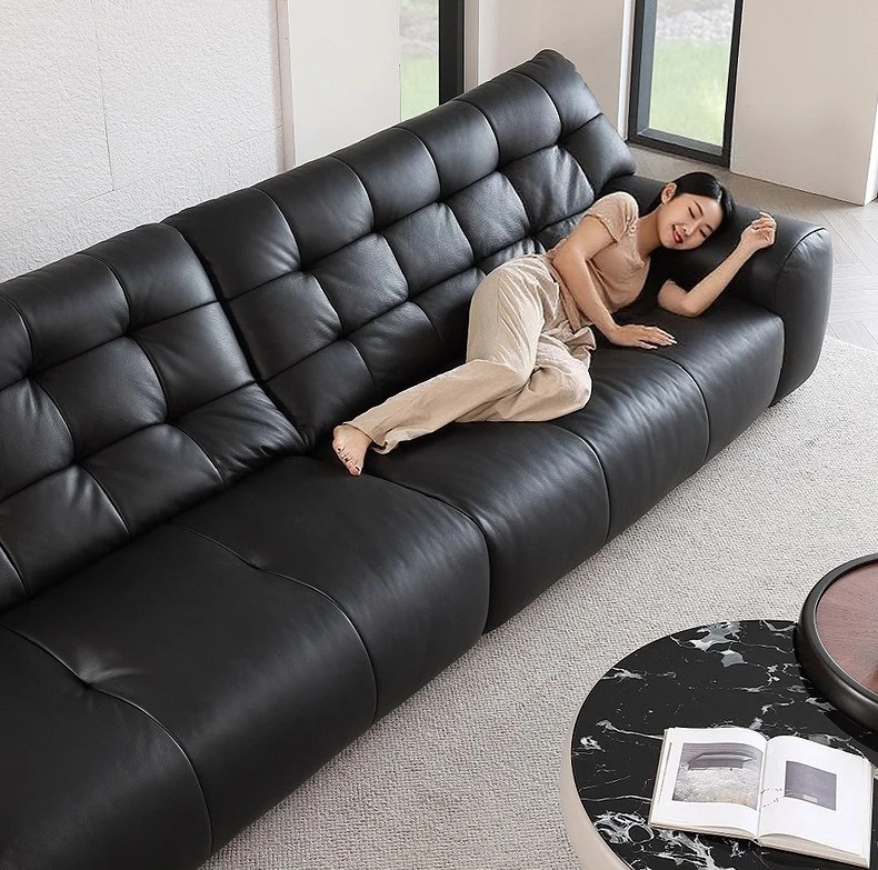 #Black Genuine Leather Chesterfield Sectional Sofa Bed Modern Nordic Design 3-Seater Luxury Sofa Set Stainless Steel Legs Villa view 4