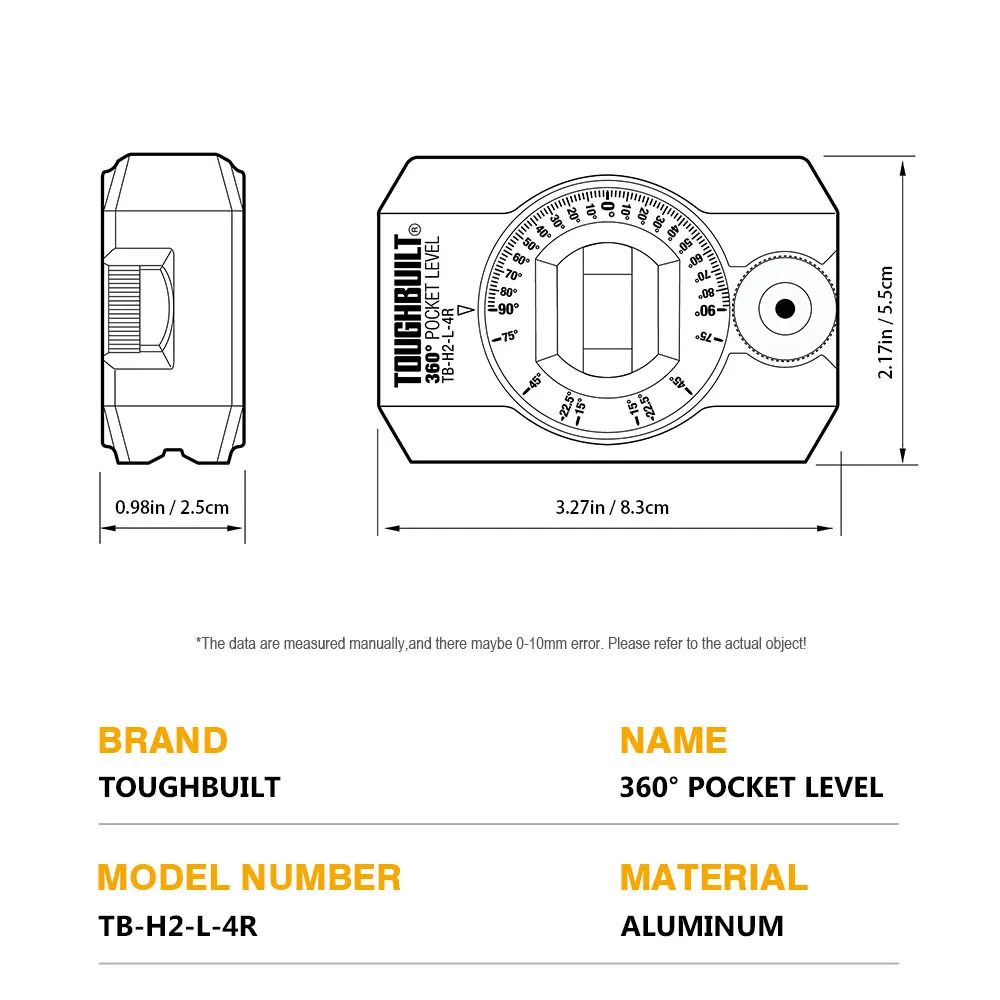 TB-H2-L-4R 360 °   Nível de bolso - Frasco giratório de precisão, fundido sob pressão resistente, design portátil