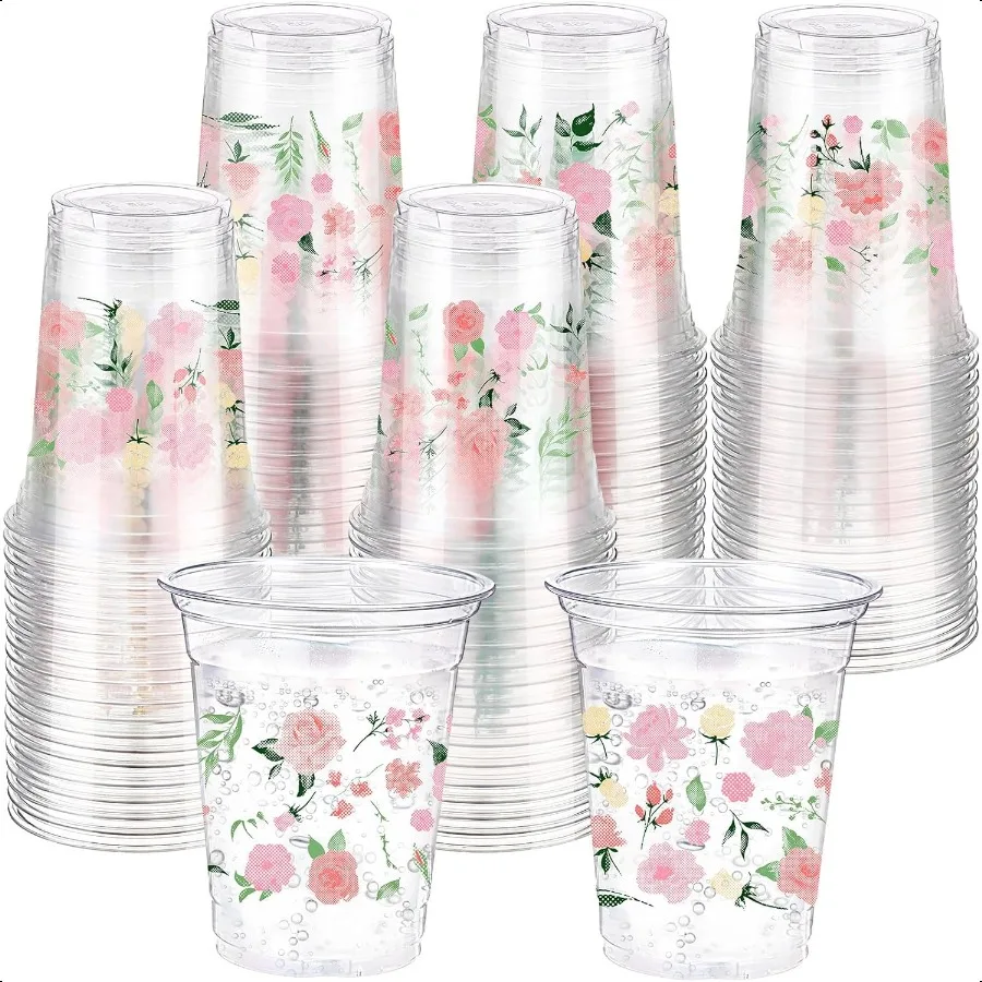 

60 Pcs Floral Cups with Spring Summer Fall Flower 16 oz Wildflowers Plastic Drinking Cups for Summer Spring Autumn Birthday Ba