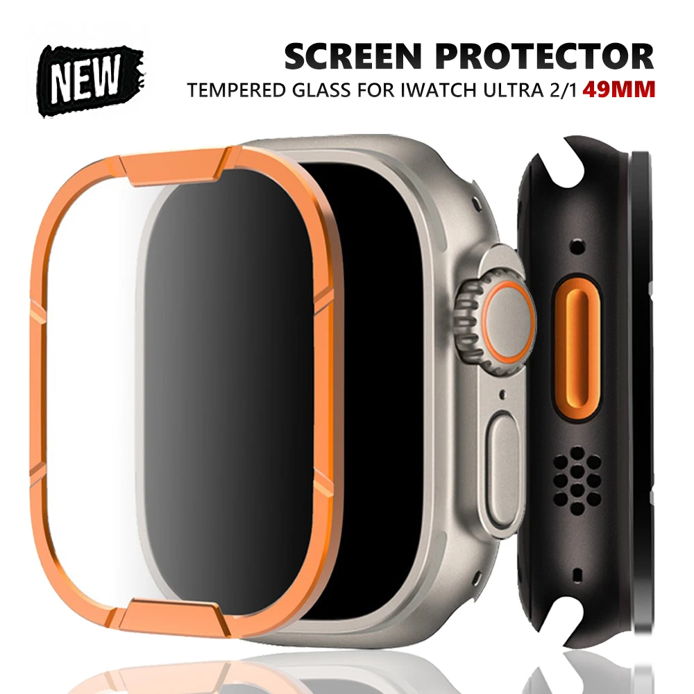 Protector de pantalla de vidrio templado para Apple Watch Ultra2, película con marco de Metal de 49mm para iWatch Ultra 49, película protectora HD antiarañazos