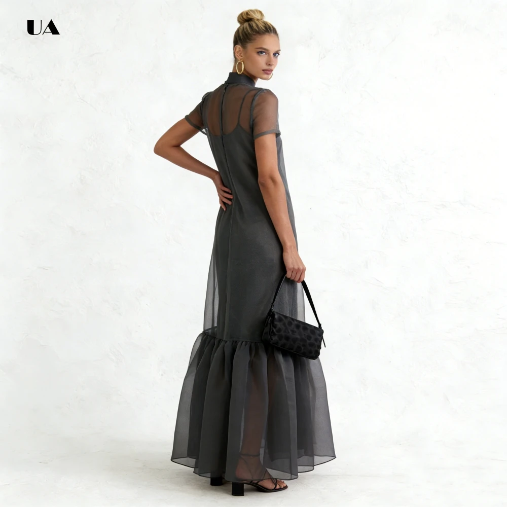 ULBYANRY Robe de bal en organza transparent à volants avec col mi-haut, robe de soirée unie à manches courtes pour femme, robe de soirée personnalisée