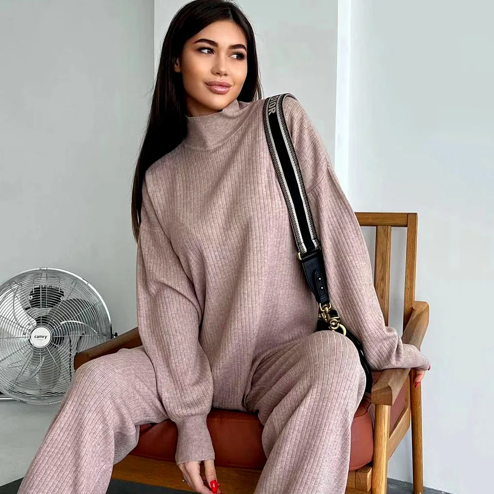 Knitted 2 Pieces Pajamas for Women Sets Sweater Top Wide Leg Jogging Pants Pullover Sleepwear Suit Tracksuit Turtleneck Outifits