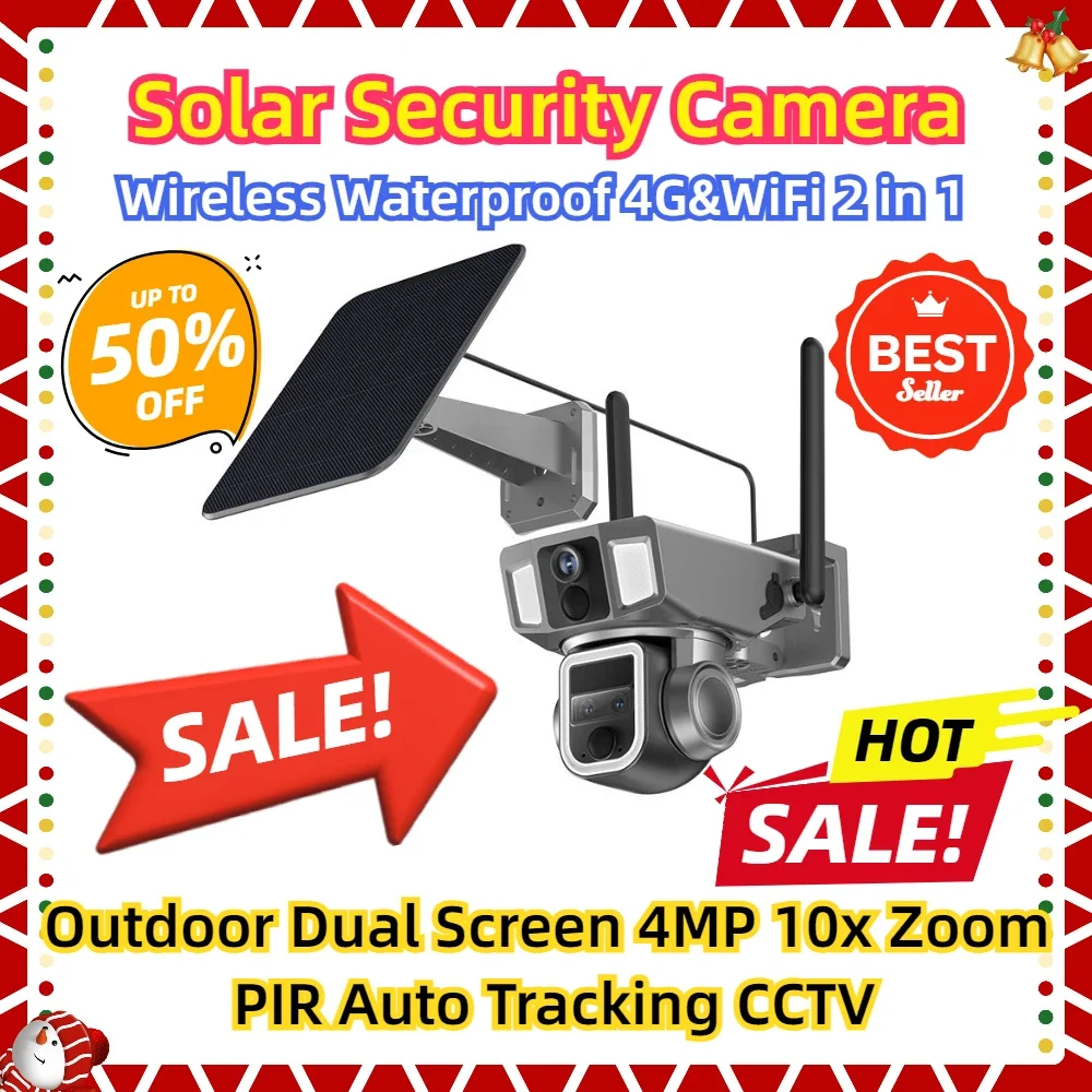 

Outdoor Dual Screen 4MP 10x Zoom Dual PIR Auto Tracking CCTV Wireless Waterproof 4G&WiFi 2 in 1 Solar Security Camera