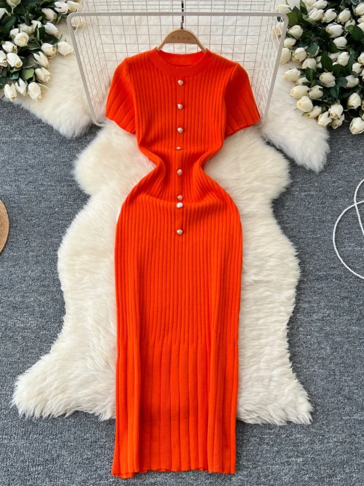 Knitted Bodycon Dress Women Round Neck Single Breasted Short Sleeved Slim French Style Long Dresses Ladies Spring Auutmn Robe