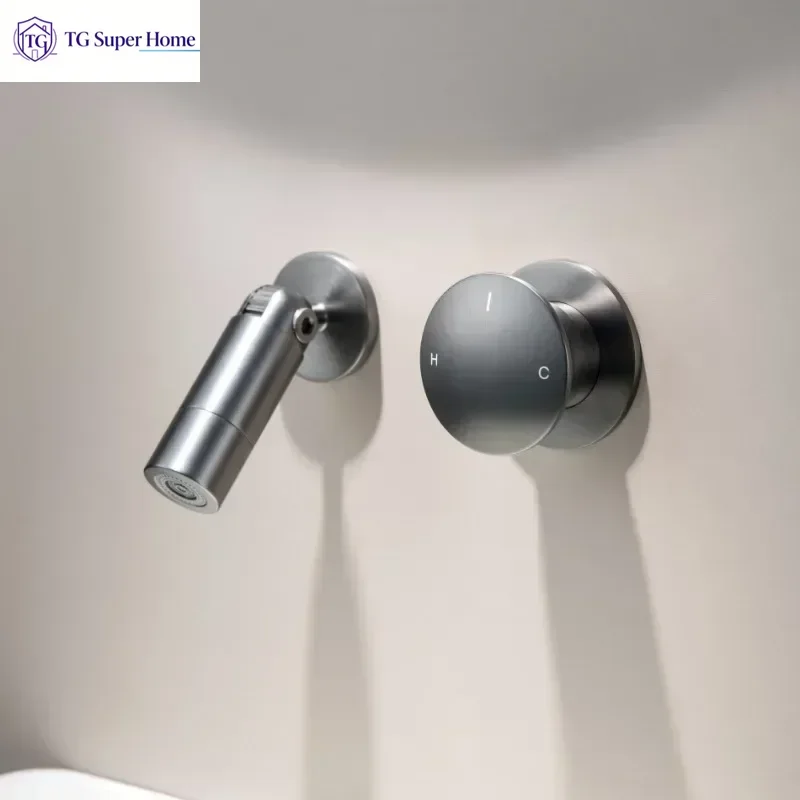 Full Brass Wall Mounted Concealed Basin Faucet Recessed Installation Rotatable Spout Hot Cold Mixer Tap Modern Home Bathroom