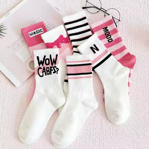 Women Sports Socks Pink Preppy Y2K Funny Socks Girls Striped Socks White Funny Socks With Print Harajuku 4 Pair
