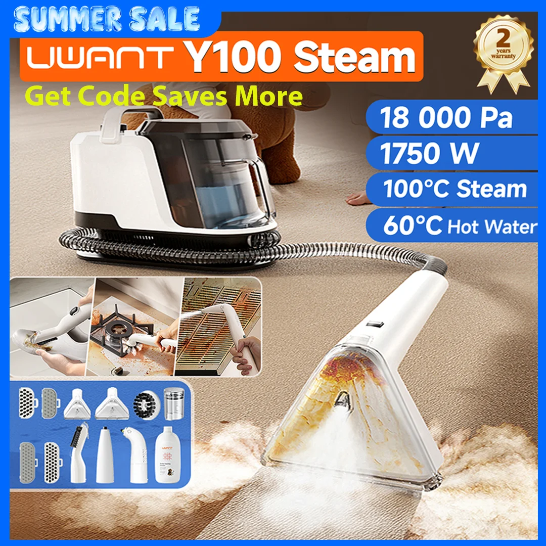 Nettoyeur de tapis à vapeur Uwant Y100 100 ° C Steam 18KPa 1750W brosse de pulvérisation aspiration auto-nettoyante plusieurs buses pour canapé voiture chaussure animal de compagnie