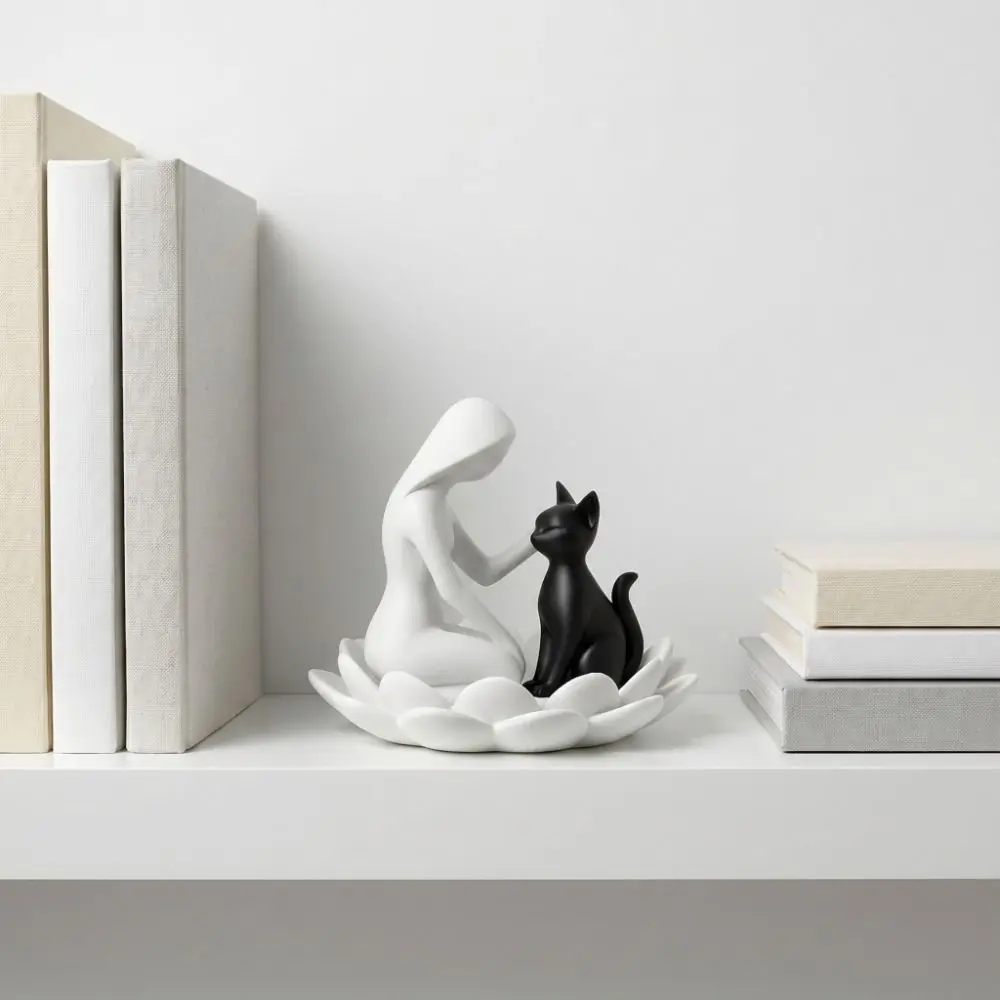 Funny 3D Printed Girl And Cat Statue Creative Decoration Desktop Ornaments Cute Cat Touching Posture Office