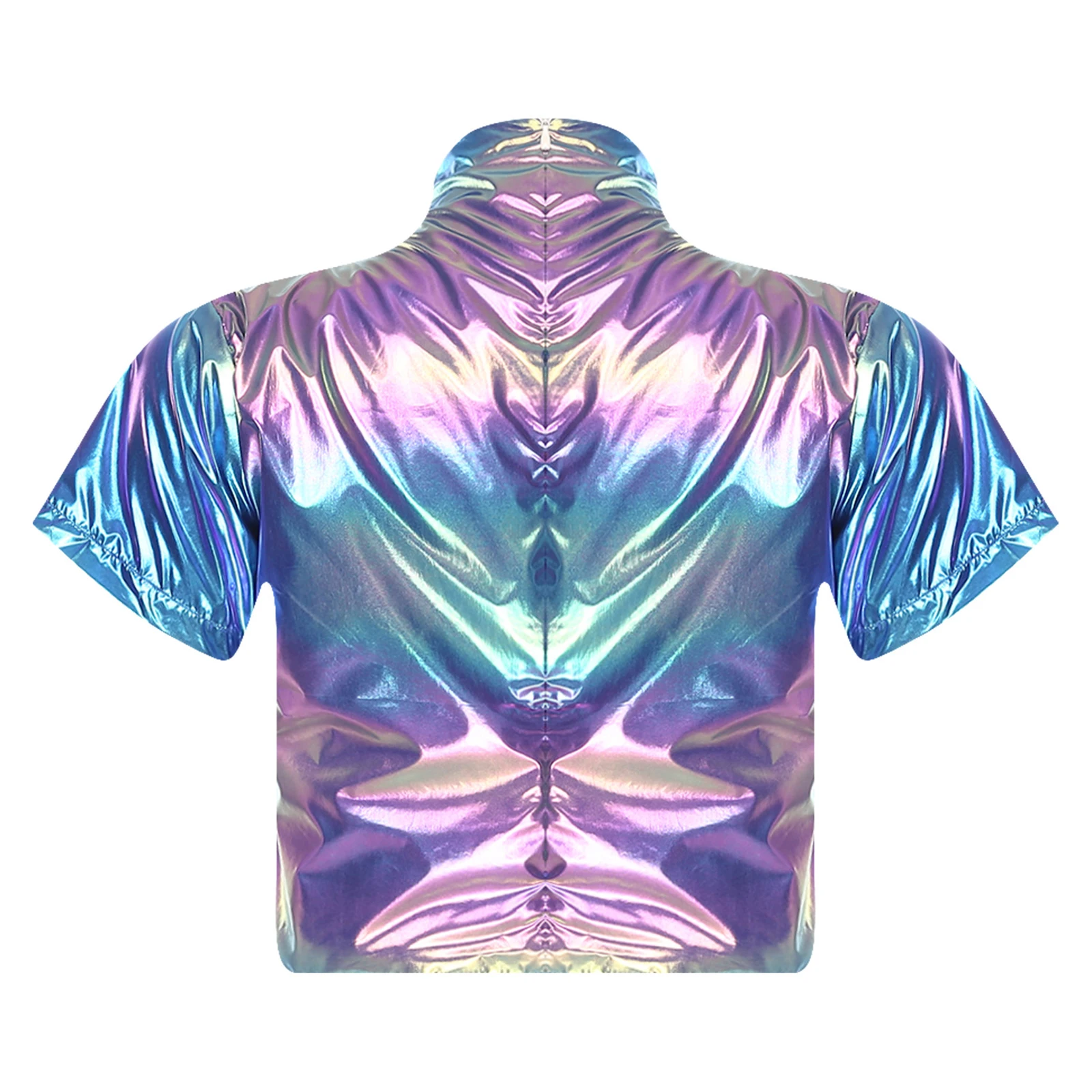 เสื้อครอปแจ๊สสำหรับผู้หญิง ลายพิมพ์สไตล์พังก์เมทัลลิก คอเต่า แขนสั้น ซิปหลัง เสื้อยืดครอปสำหรับการแสดงเต้นแจ๊สบนเวที