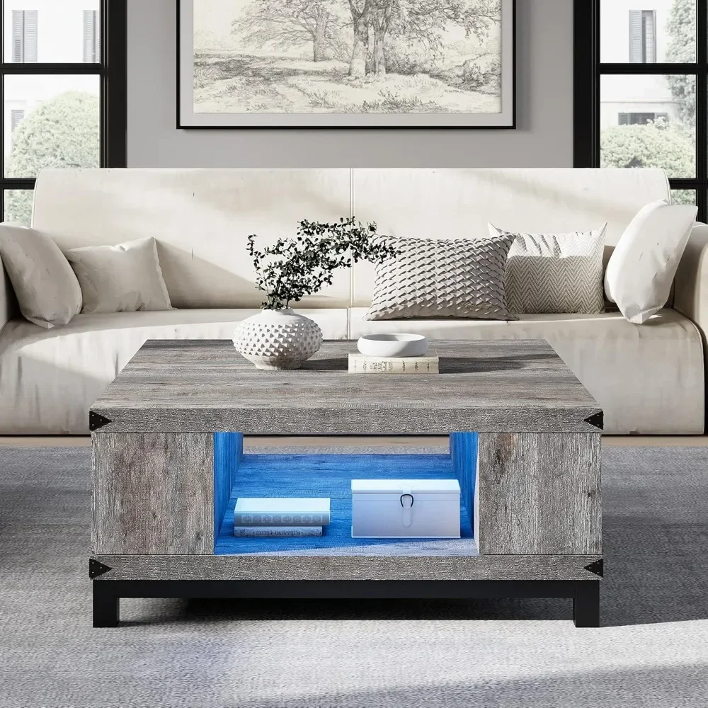 Coffee Table with Storage Drawers, Square Tea Tables with Double Storage Shelves, LED Coffee Table