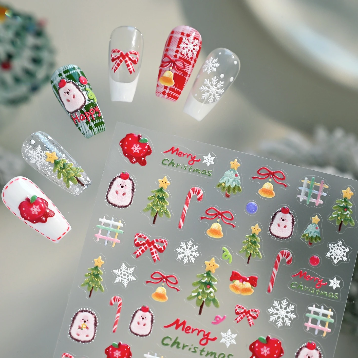 Hedgehog Apple Bowknot Snowflakes Christmas Pine Tree Bell Crystal Snowman Garland Winter Santa Claus Nail Art Stickers Decals
