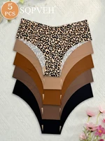 5PCS Leopard & Neutral Solid V-Waist Thongs, No Show Seamless Ultra Soft Breathable Basic Everyday Women Underwear