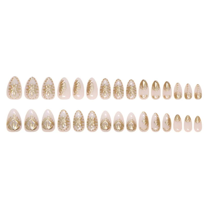 ตะปูปลอมสีขาวสำหรับผู้หญิง24ชิ้นแบบกดออกแบบเล็บปลอมสีทองสำหรับรองเท้าสตั๊ดปลอมเหมาะสำหรับฤดูใบไม้ร่วงและฤดูหนาว