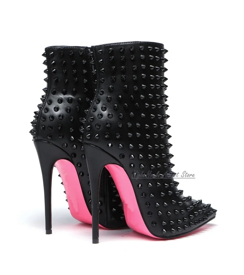 Pink Sole Studded Leather Ankle Boots Sexy Pointed Toe High Heels Zip Rivets Black Booties Luxury Big Size Party Shoes for Women