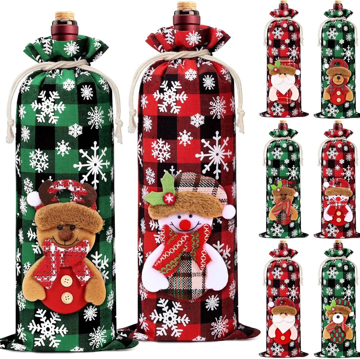 

8PCS Christmas Wine Fabric Bags, Drawstring Christmas Buffalo Plaid Wine Bottle Gift Bags, Reusable Wines Bottle Covers with San