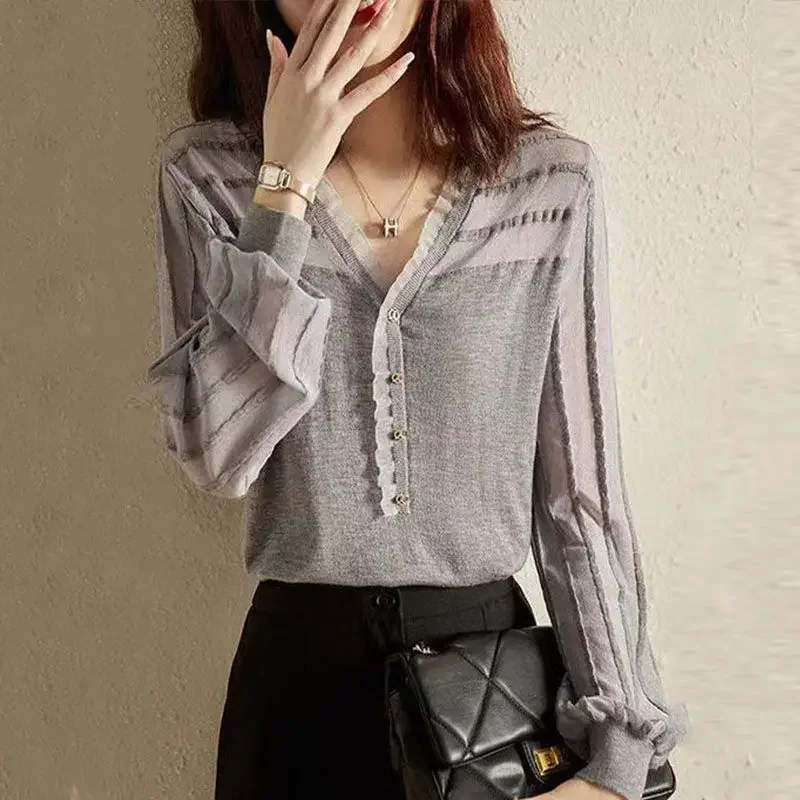 Office Lady Solid Color Gauze Spliced Blouse Spring Summer Long Sleeve Female Clothing Elegant V-Neck Lace Knitted Shirt Z544