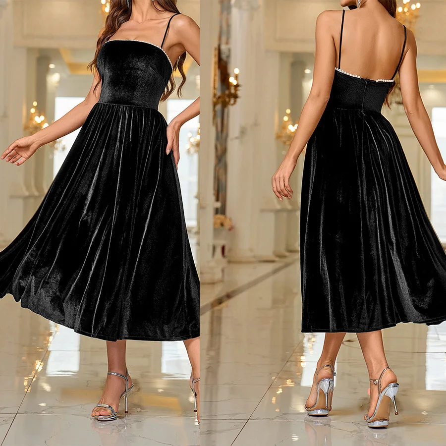 

Women's Black Party Dress Skirt Light Mature Style Unique Luxury Dress Pearl Suspender Long Beautiful Elegant A-Line Dress