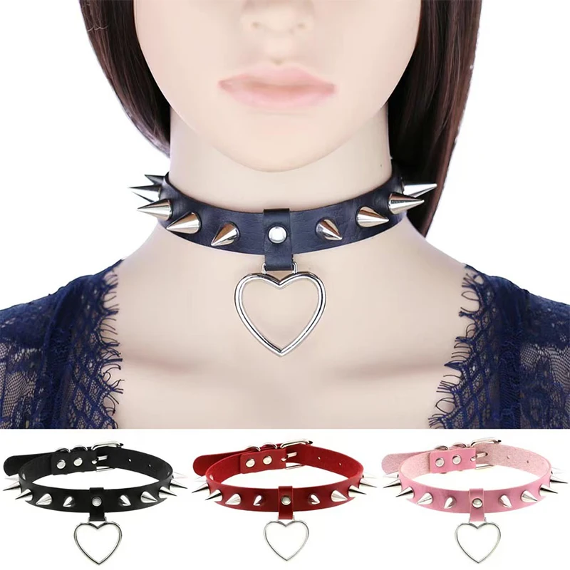 حاد مسمار برشام الخوخ القلب على شكل قلب قلادة جلدية طوق المرأة الرقبة حزام قلادة الترقوة قلادة #1