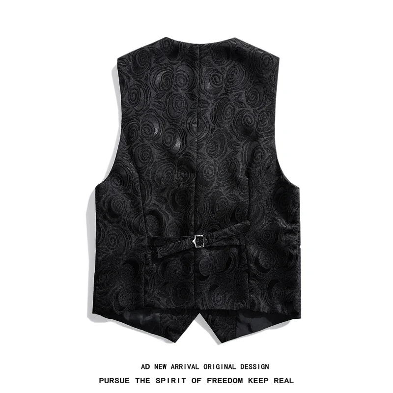 Giacca da uomo senza maniche con scollo a V ricamato con rose bianche, gilet da abito monopetto nero con bottoni, gilet di taglie asiatiche.