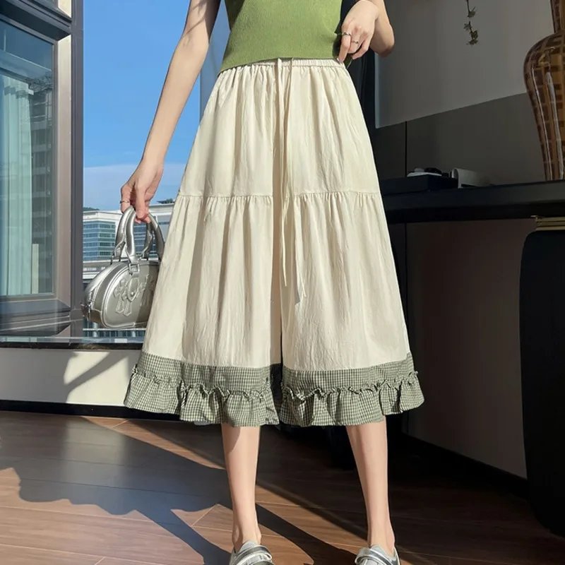 HKSH Women Bottoms Trend Patchwork Plaid Chic Drawstring Elastic Waist Loose Casual Wide Leg Cropped Pants Spring Summer HK25795