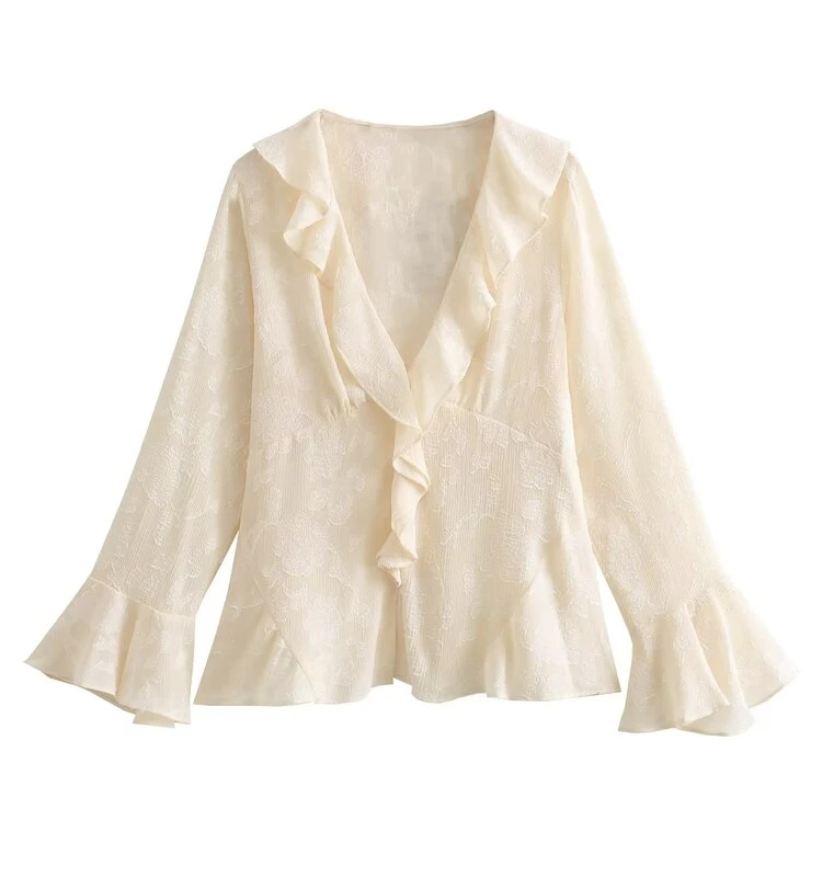 

New Arrival Women's irt Design Sense Layered Decorative Embroidery 2023 Autumn Collection V-ne Long Sve Pure Color Com...