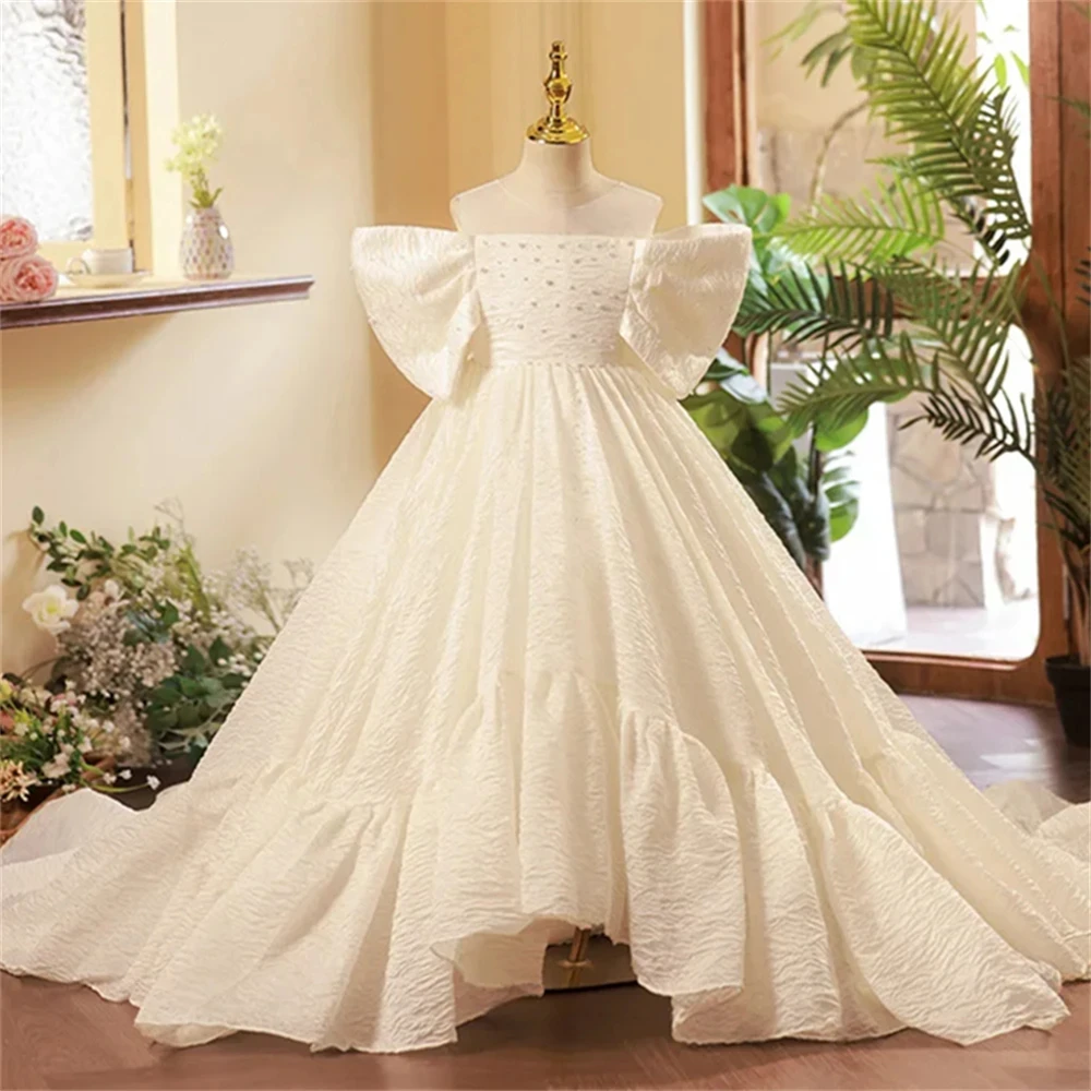 

Customized Flower Girl Dress For Wedding Bow Pearls Short Sleeve Floor Length Elegant Kids Birthday First Communion Gown