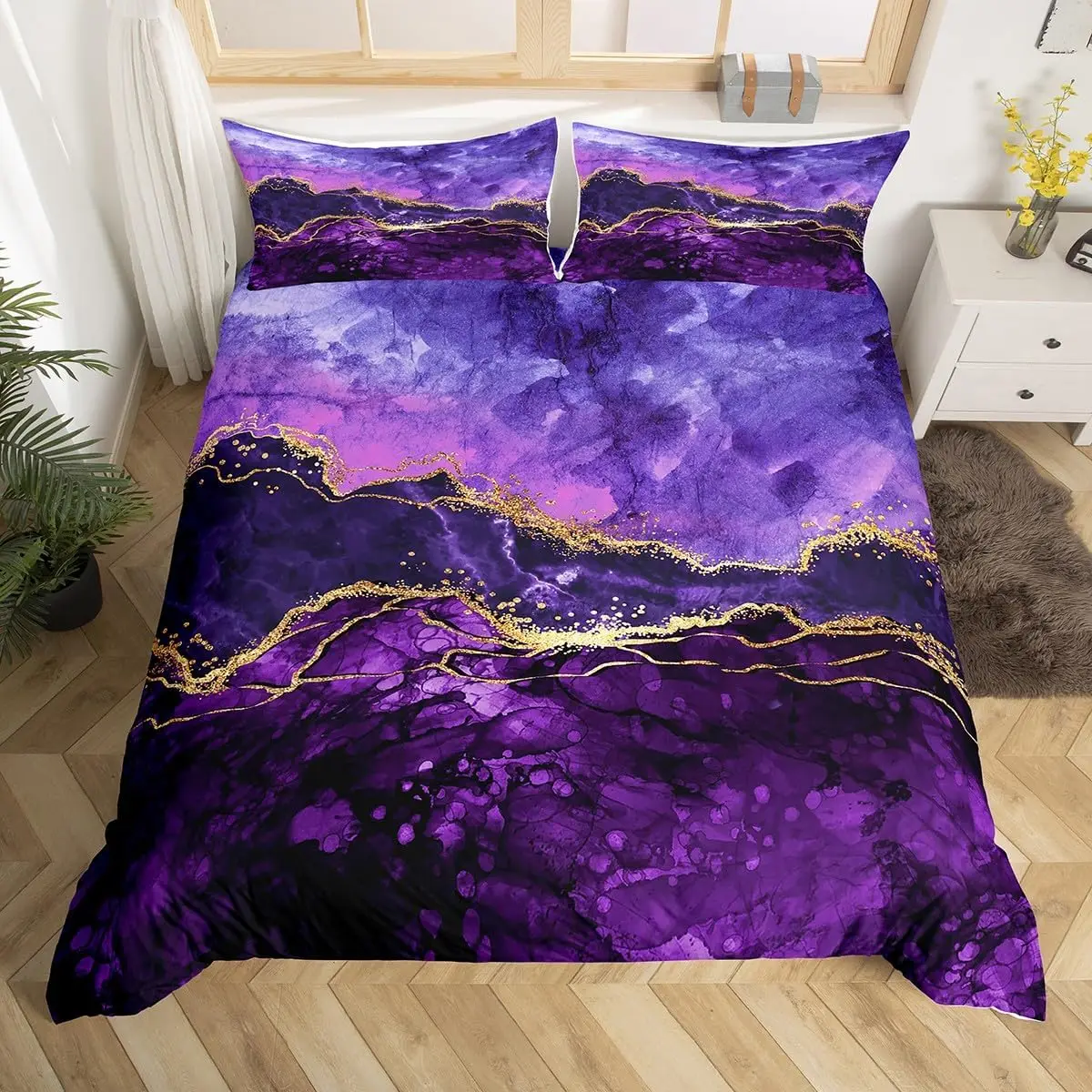 

Purple Marble Duvet Cover Modern Abstract Marbling Bedding Set,Watercolor Ink Fluid Art Quilt Cover Patchwork Style Room Decor