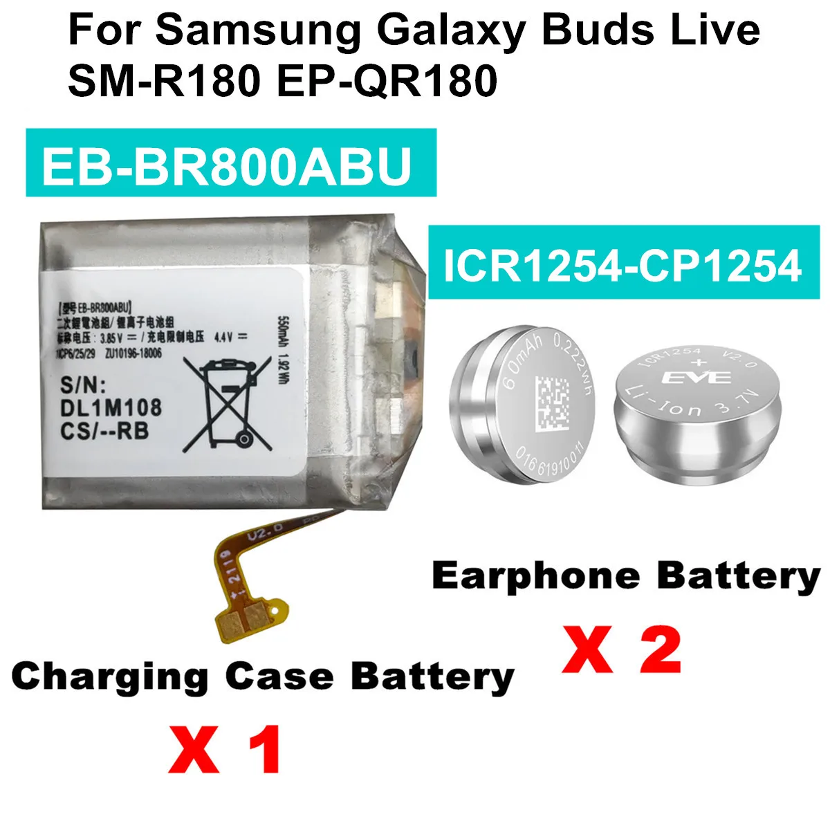 

EB-BR800ABU 472 мАч ICR1254 LIR1254 CP1254 60 мАч аккумулятор для Samsung Galaxy Buds Live SM-R180 EP-QR180 аккумулятор для наушников и гарнитуры