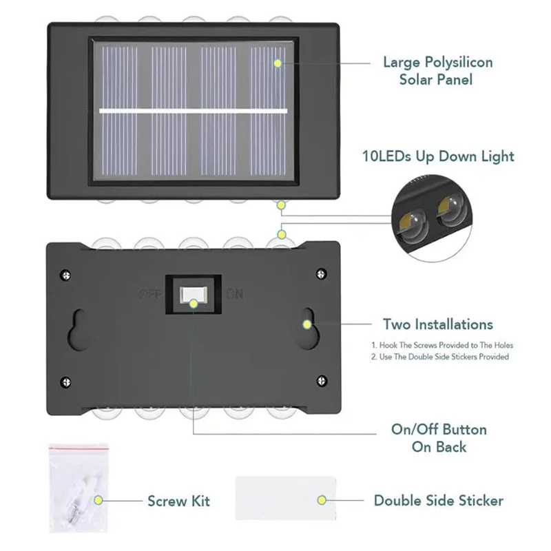 Applique Murale Solaire Imperméable, Éclairage Extérieur Haut et Bas, Luminaire Décoratif de Paysage, Idéal pour un Jardin ou une Rue, 2/4/6/10