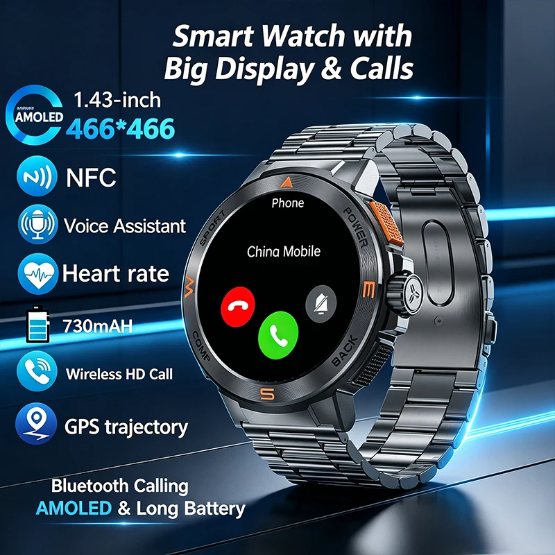 

New 2026 Smart Watch for Men 1.43" Amoled Bluetooth Calls Gps Sports Tracker Smart Watches Compatible with Android Ios