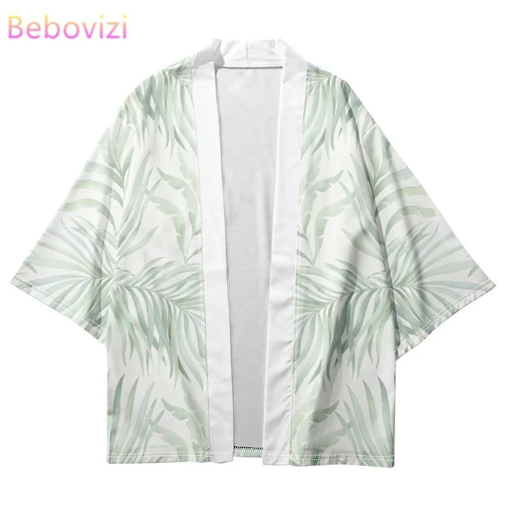 

Palm Leaf Tiger Print Japanese Cardigan Kimono Women Men White Shirts Summer Beach Yukata Fashion Haori