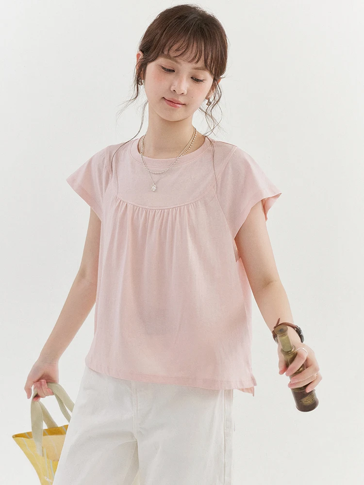 AMUU Original Sweet Pink Pleated Short Sleeve T-Shirt Women Summer New Loose round Neck Slimming Top Korean Style Cotton Poly...