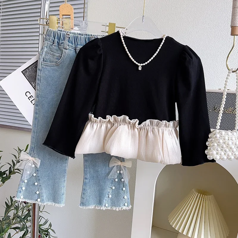 T-Shirt per ragazze autunno primavera camicia a maniche lunghe top pantaloni in Denim Jeans autunnali moda abbigliamento per bambini coreani Costume