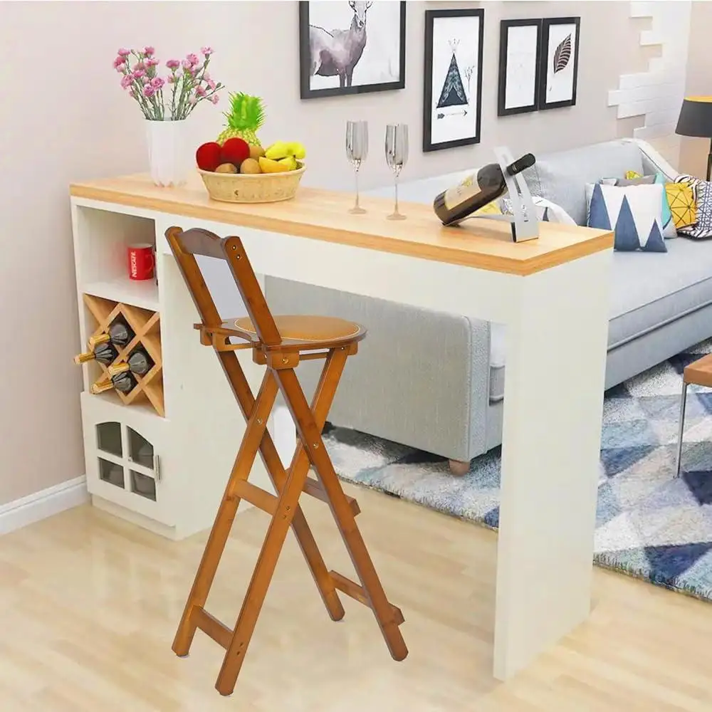 Portable Folding Bar Stool Bamboo Kitchen Counter Height Stool with Backrest Stable Design Space Saving Indoor Outdoor Use
