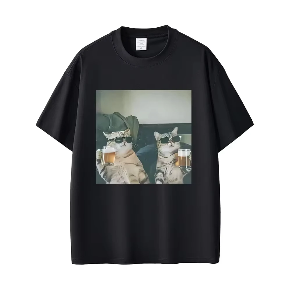 Funny Cool Cat Drinking Beer T-shirt Casual Cotton Short Sleeve T Shirt Women Clothes Harajuku Round Neck Women Designer Tops