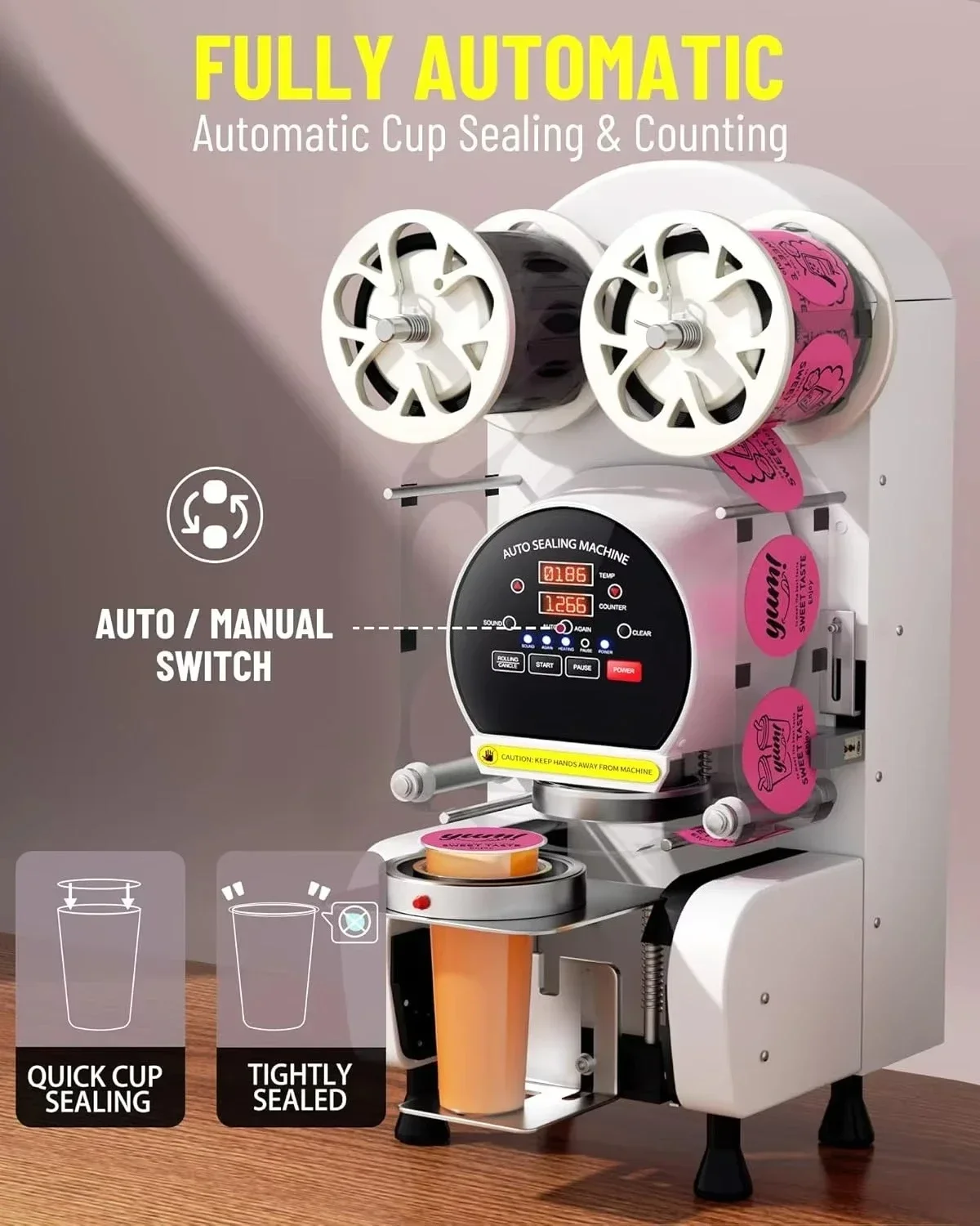 Máquina de Selagem de Copos Elétrica C0/3.54/3.74IN, Máquina de Selagem Automática Completa para Copos 89/90/95MM 3.5