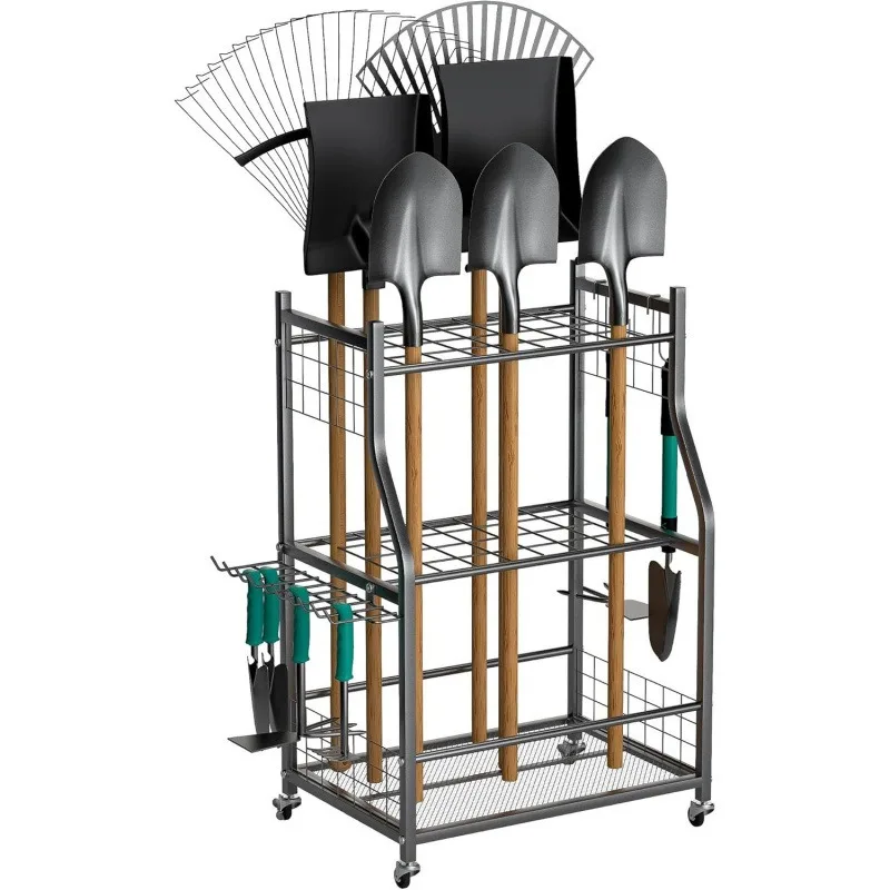 Garden tool storage rack, garage tool finishing rack, yard tool rack with lockable wheel, long handle